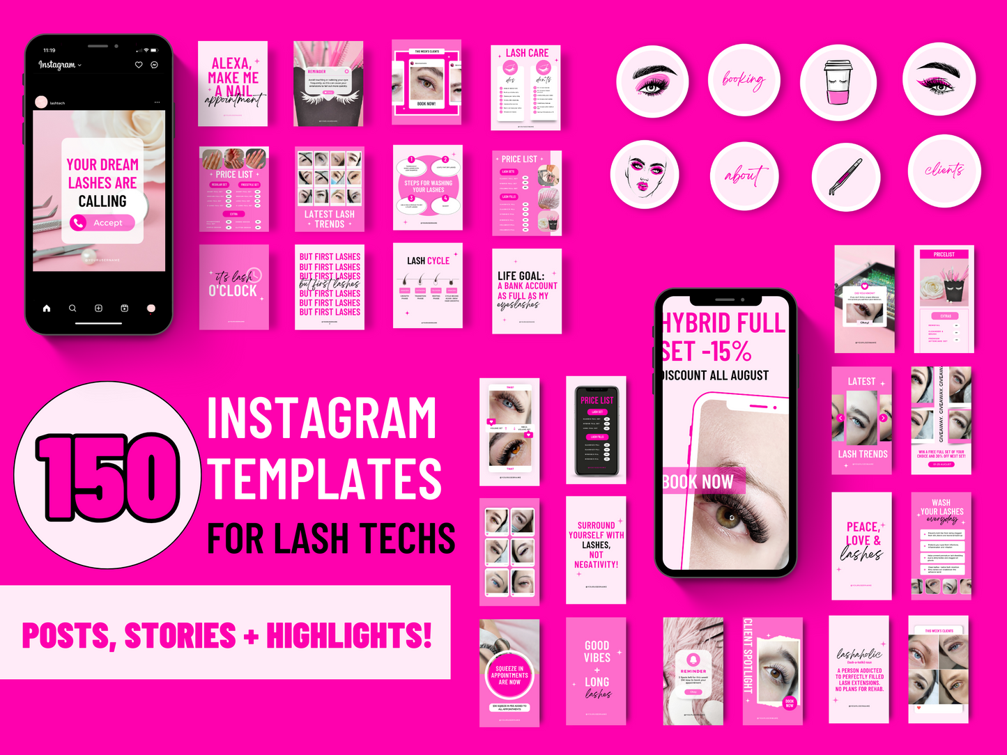 Collection de 150 Modèles Canva Personnalisables pour les Techniciennes en Pose de cils sur Instagram