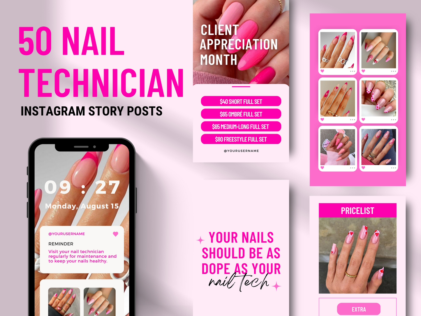 Collection de 150 Modèles Canva Personnalisables pour les Techniciennes en Pose d'Ongles sur Instagram