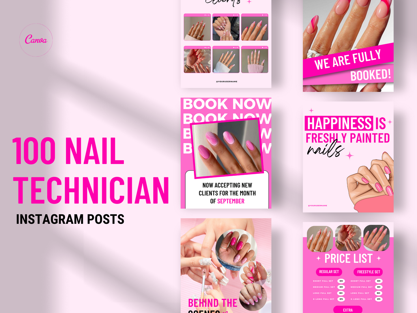 Collection de 150 Modèles Canva Personnalisables pour les Techniciennes en Pose d'Ongles sur Instagram