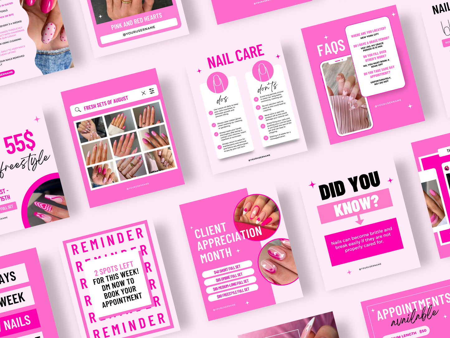 Collection de 150 Modèles Canva Personnalisables pour les Techniciennes en Pose d'Ongles sur Instagram