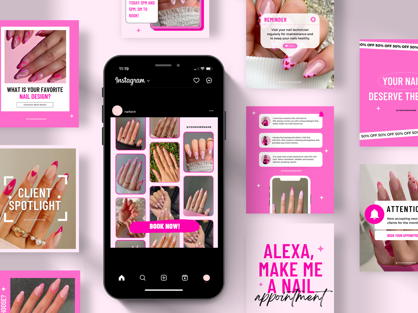 Collection de 150 Modèles Canva Personnalisables pour les Techniciennes en Pose d'Ongles sur Instagram