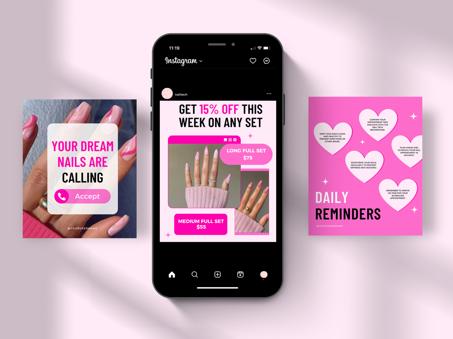 Collection de 150 Modèles Canva Personnalisables pour les Techniciennes en Pose d'Ongles sur Instagram