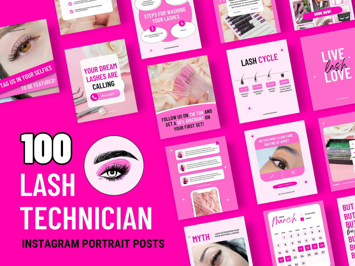 Collection de 150 Modèles Canva Personnalisables pour les Techniciennes en Pose de cils sur Instagram