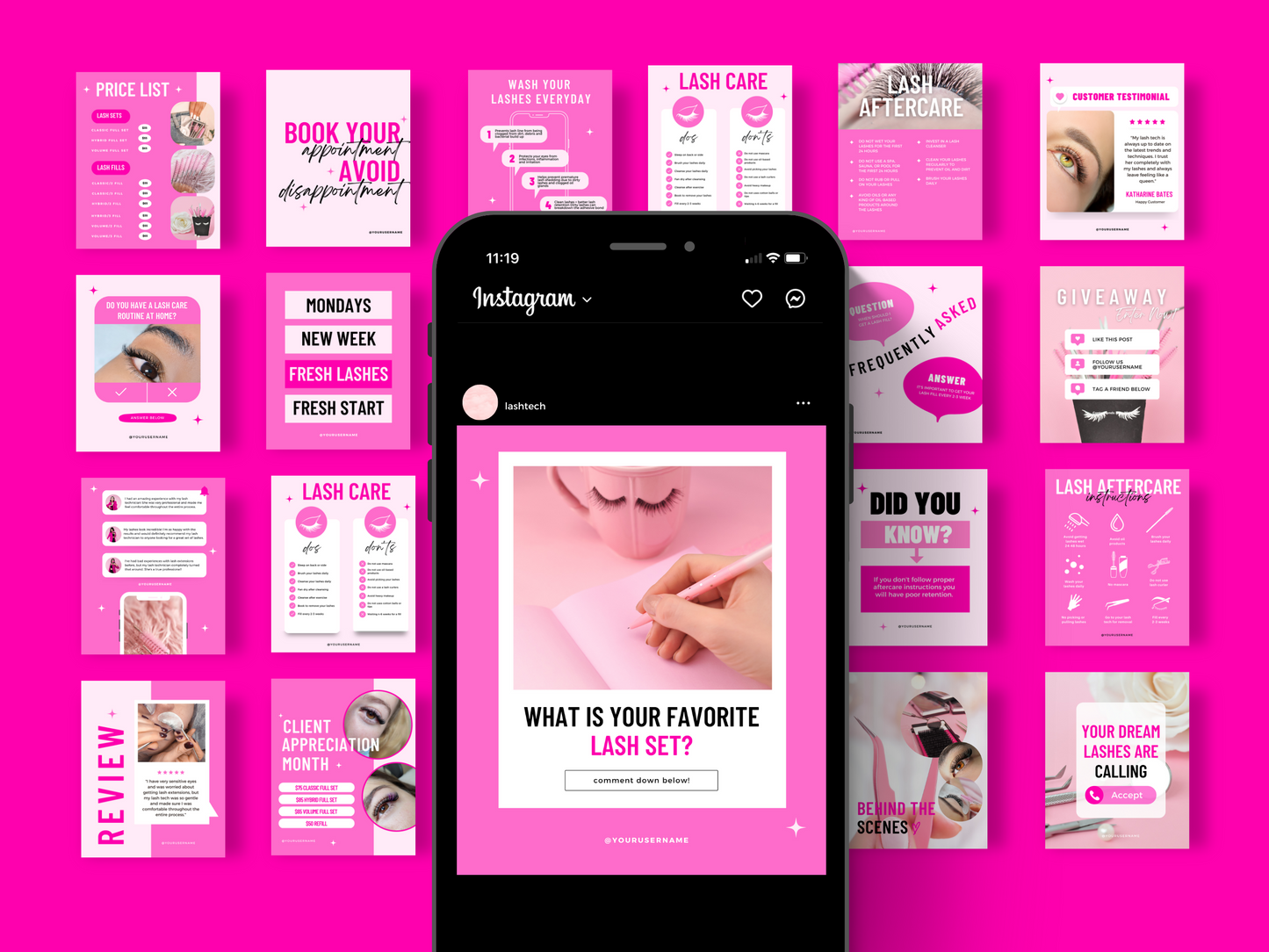 Collection de 150 Modèles Canva Personnalisables pour les Techniciennes en Pose de cils sur Instagram