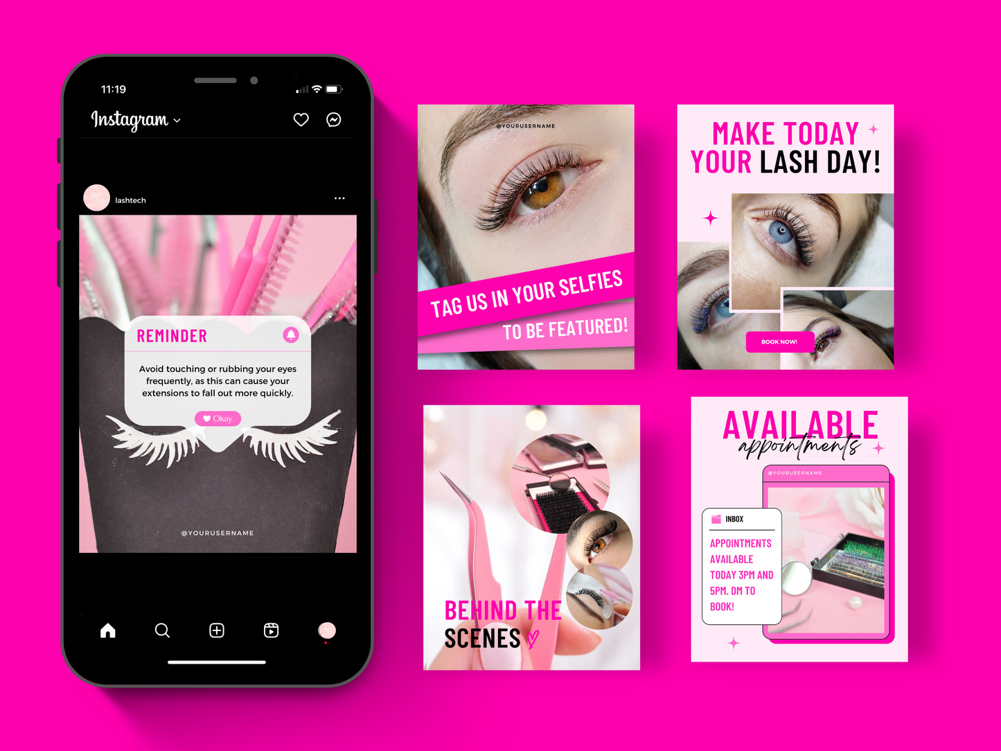 Collection de 150 Modèles Canva Personnalisables pour les Techniciennes en Pose de cils sur Instagram