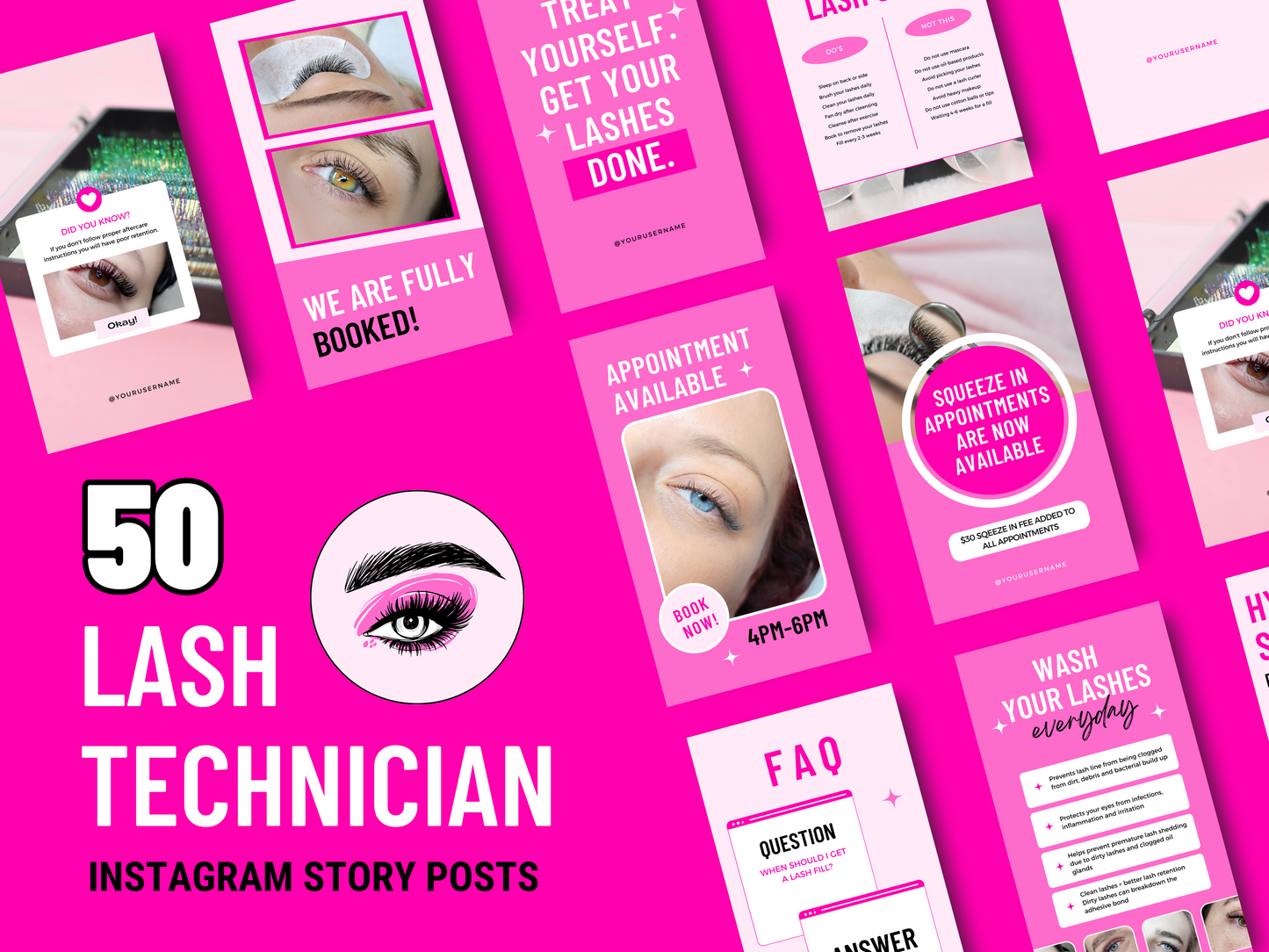 Collection de 150 Modèles Canva Personnalisables pour les Techniciennes en Pose de cils sur Instagram