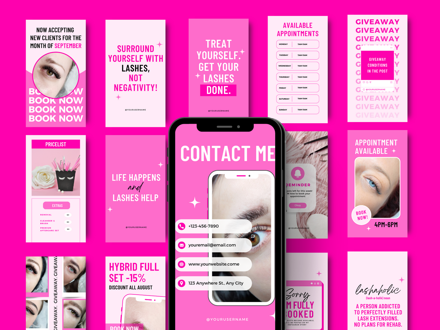 Collection de 150 Modèles Canva Personnalisables pour les Techniciennes en Pose de cils sur Instagram
