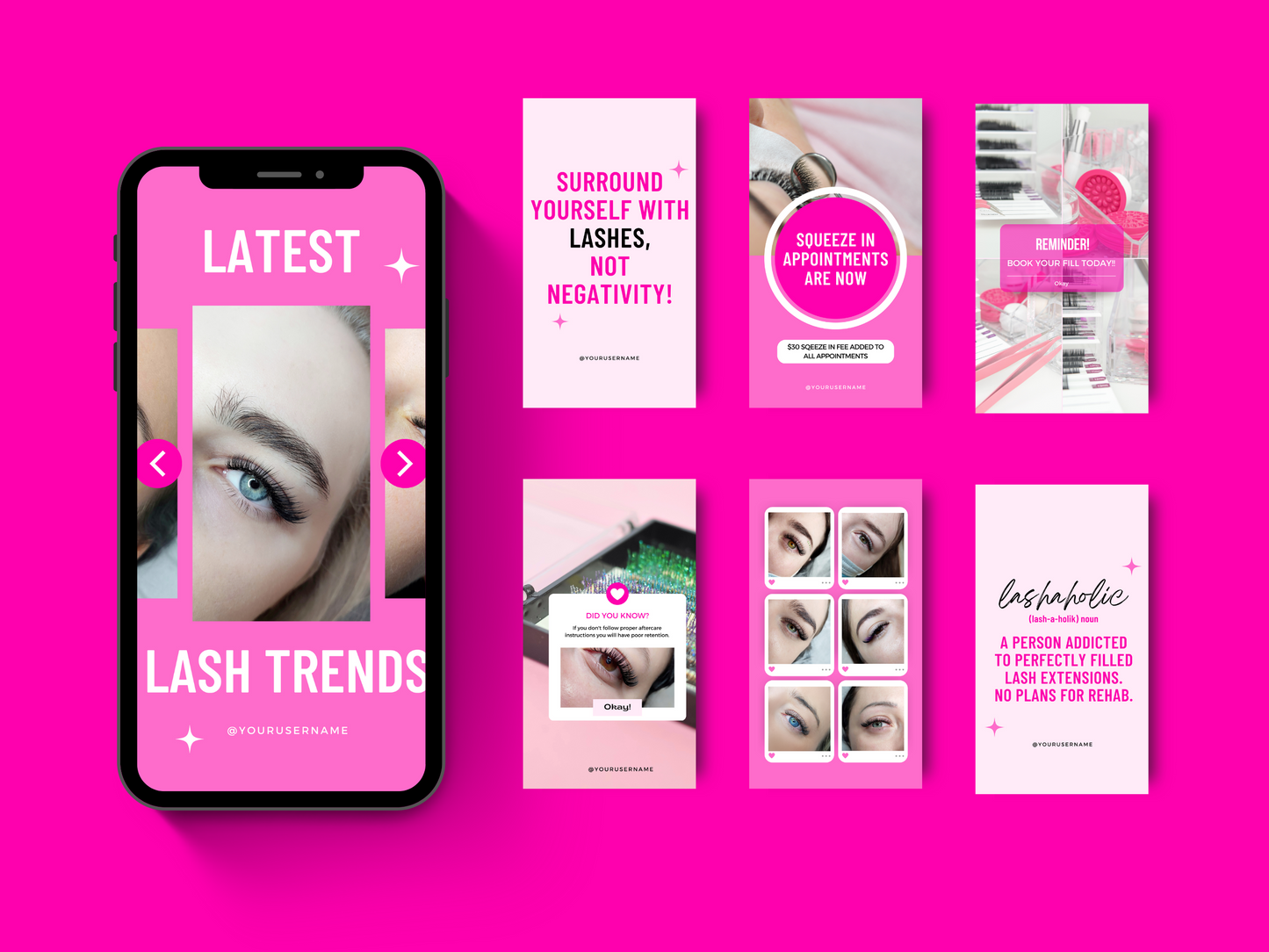Collection de 150 Modèles Canva Personnalisables pour les Techniciennes en Pose de cils sur Instagram