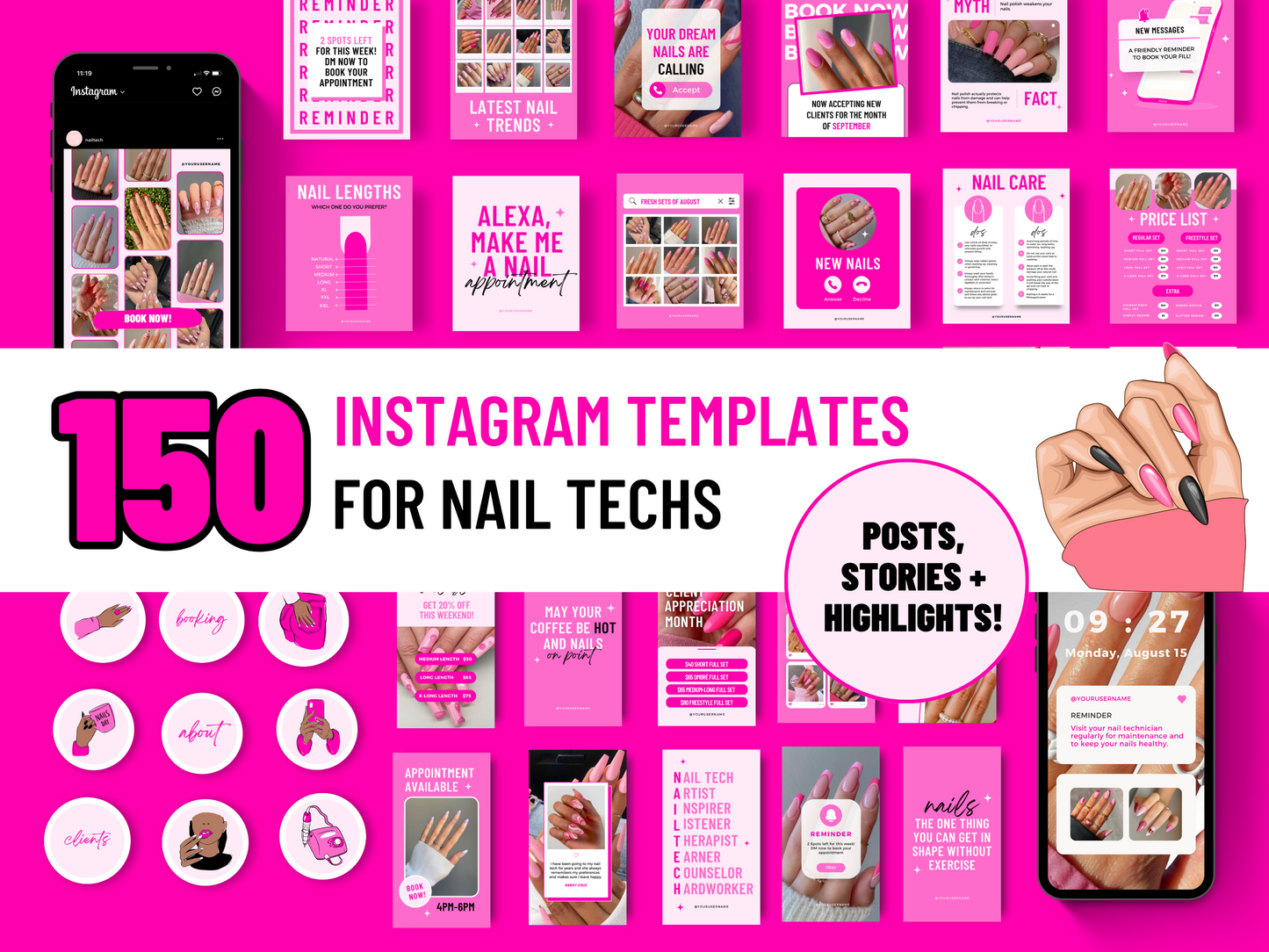 Collection de 150 Modèles Canva Personnalisables pour les Techniciennes en Pose d'Ongles sur Instagram